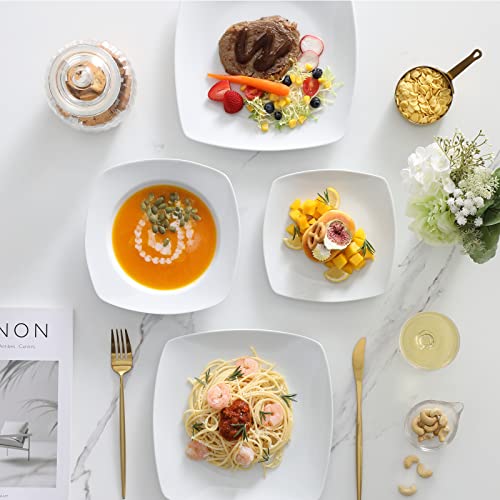 MALACASA, Series Julia, 18-Piece Dinner Sets Ivory White Porcelain Square Dinner Plate Sets with 6-Piece Dessert Plates 6-Piece Soup Plates and 6-Piece Dinner Plates
