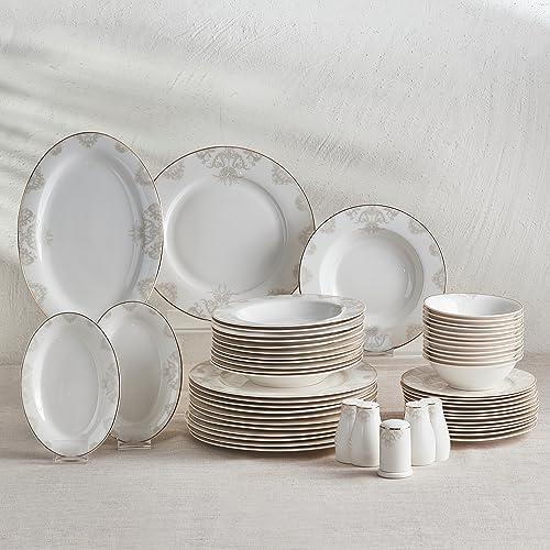 Karaca Siena Dinnerware Set of 12, 56 Pieces Porcelain Dinnerware Set, Chic Dinnerware, Round, Elegant White Gold Lace Decal Dinnerware Set, Dinnerware for Daily Use and Special Occasions
