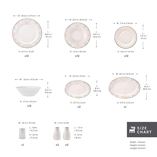 Karaca Siena Dinnerware Set of 12, 56 Pieces Porcelain Dinnerware Set, Chic Dinnerware, Round, Elegant White Gold Lace Decal Dinnerware Set, Dinnerware for Daily Use and Special Occasions