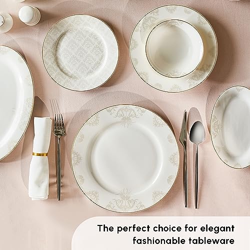Karaca Siena Dinnerware Set of 12, 56 Pieces Porcelain Dinnerware Set, Chic Dinnerware, Round, Elegant White Gold Lace Decal Dinnerware Set, Dinnerware for Daily Use and Special Occasions