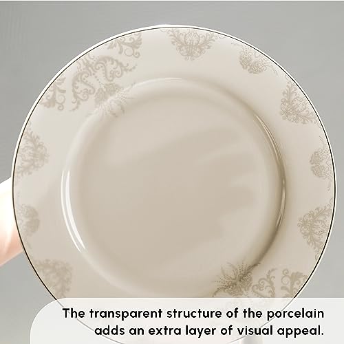 Karaca Siena Dinnerware Set of 12, 56 Pieces Porcelain Dinnerware Set, Chic Dinnerware, Round, Elegant White Gold Lace Decal Dinnerware Set, Dinnerware for Daily Use and Special Occasions