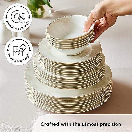 Karaca Siena Dinnerware Set of 12, 56 Pieces Porcelain Dinnerware Set, Chic Dinnerware, Round, Elegant White Gold Lace Decal Dinnerware Set, Dinnerware for Daily Use and Special Occasions