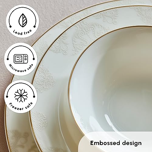 Karaca Siena Dinnerware Set of 12, 56 Pieces Porcelain Dinnerware Set, Chic Dinnerware, Round, Elegant White Gold Lace Decal Dinnerware Set, Dinnerware for Daily Use and Special Occasions