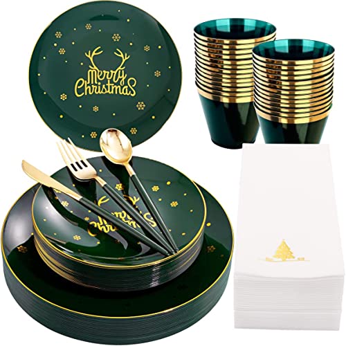 KAHEIGN 175Pcs Resuable Christmas Dinnerware Set, Gold Rimmed Green Plastic Dinnerware - 25 Dinner Plates, 25 Salad Plates, 25 Knives, 25 Forks, 25 Spoons, 25 Napkins for 25 Guests Christmas Party