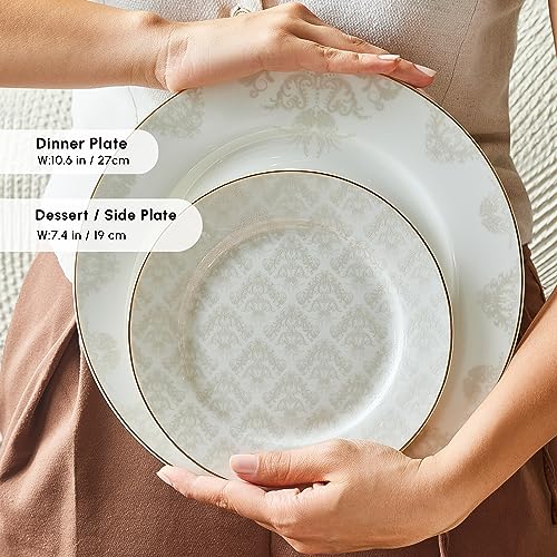 Karaca Siena Dinnerware Set of 12, 56 Pieces Porcelain Dinnerware Set, Chic Dinnerware, Round, Elegant White Gold Lace Decal Dinnerware Set, Dinnerware for Daily Use and Special Occasions