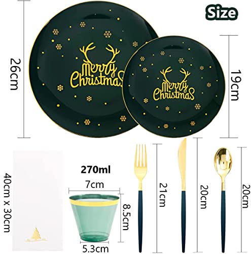 KAHEIGN 175Pcs Resuable Christmas Dinnerware Set, Gold Rimmed Green Plastic Dinnerware - 25 Dinner Plates, 25 Salad Plates, 25 Knives, 25 Forks, 25 Spoons, 25 Napkins for 25 Guests Christmas Party