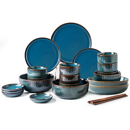 Dinner Set for 8 People, Blue Plates and Bowls Set, Porcelain Tableware Sets, Stylish Kitchen Dinnerware Sets for Family, Party, Christmas(28PCS)