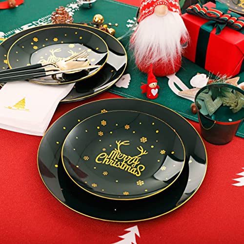 KAHEIGN 175Pcs Resuable Christmas Dinnerware Set, Gold Rimmed Green Plastic Dinnerware - 25 Dinner Plates, 25 Salad Plates, 25 Knives, 25 Forks, 25 Spoons, 25 Napkins for 25 Guests Christmas Party
