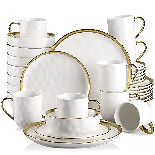 LOVECASA, Series Sweet, Porcelain Dinner Set Set of 32, Gold Dinnerware Set with 8-Piece Dinner Plates, Dessert Plate, Bowls and Mugs, Service for 8, White Gold