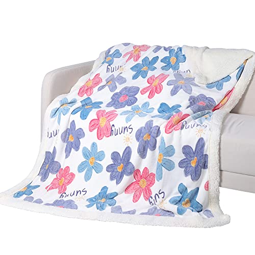 Queenshin Luxury Flower Fluffy Sherpa Fleece Blankets Twin Size 150 * 200 CM, 500 GMS Christmas Double Bed Snuggle Throws for Couch Sofas, White