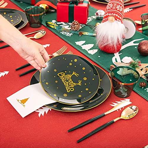 KAHEIGN 175Pcs Resuable Christmas Dinnerware Set, Gold Rimmed Green Plastic Dinnerware - 25 Dinner Plates, 25 Salad Plates, 25 Knives, 25 Forks, 25 Spoons, 25 Napkins for 25 Guests Christmas Party