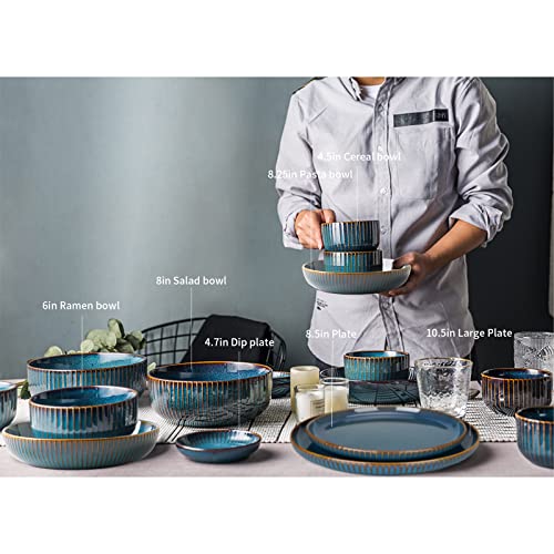 Dinner Set for 8 People, Blue Plates and Bowls Set, Porcelain Tableware Sets, Stylish Kitchen Dinnerware Sets for Family, Party, Christmas(28PCS)