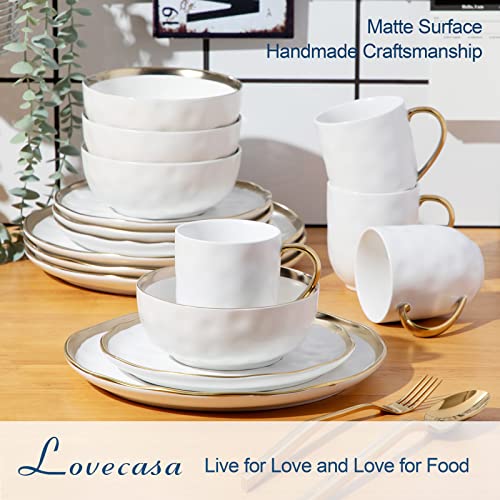 LOVECASA, Series Sweet, Porcelain Dinner Set Set of 32, Gold Dinnerware Set with 8-Piece Dinner Plates, Dessert Plate, Bowls and Mugs, Service for 8, White Gold