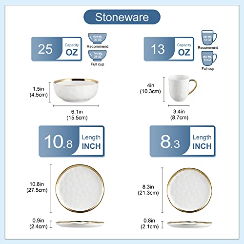 LOVECASA, Series Sweet, Porcelain Dinner Set Set of 32, Gold Dinnerware Set with 8-Piece Dinner Plates, Dessert Plate, Bowls and Mugs, Service for 8, White Gold