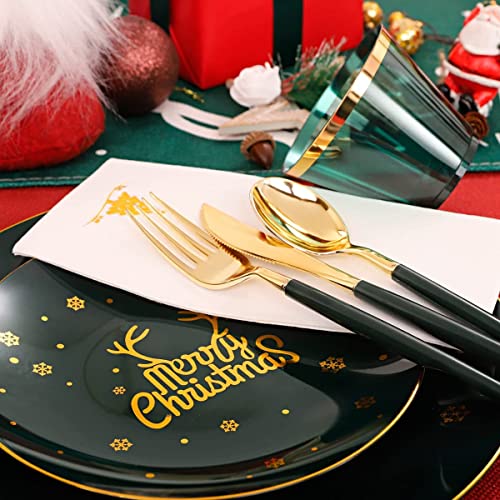 KAHEIGN 175Pcs Resuable Christmas Dinnerware Set, Gold Rimmed Green Plastic Dinnerware - 25 Dinner Plates, 25 Salad Plates, 25 Knives, 25 Forks, 25 Spoons, 25 Napkins for 25 Guests Christmas Party