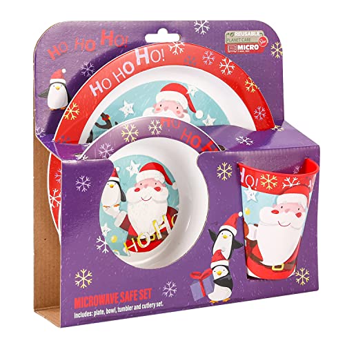 Christmas Xmas 3pcs Kids Childrens Micro Dinner Lunch Santa Festive Tableware Set Plate, Bowl & Cup, BPA Free