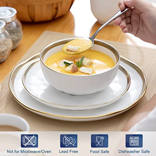 LOVECASA, Series Sweet, Porcelain Dinner Set Set of 32, Gold Dinnerware Set with 8-Piece Dinner Plates, Dessert Plate, Bowls and Mugs, Service for 8, White Gold