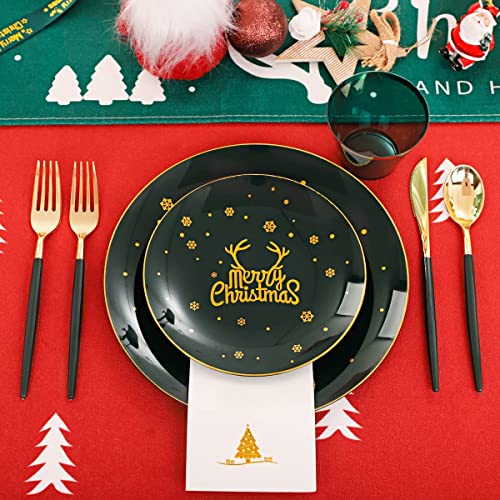 KAHEIGN 175Pcs Resuable Christmas Dinnerware Set, Gold Rimmed Green Plastic Dinnerware - 25 Dinner Plates, 25 Salad Plates, 25 Knives, 25 Forks, 25 Spoons, 25 Napkins for 25 Guests Christmas Party
