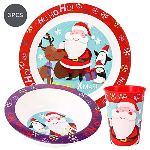 Christmas Xmas 3pcs Kids Childrens Micro Dinner Lunch Santa Festive Tableware Set Plate, Bowl & Cup, BPA Free