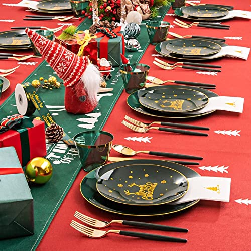 KAHEIGN 175Pcs Resuable Christmas Dinnerware Set, Gold Rimmed Green Plastic Dinnerware - 25 Dinner Plates, 25 Salad Plates, 25 Knives, 25 Forks, 25 Spoons, 25 Napkins for 25 Guests Christmas Party