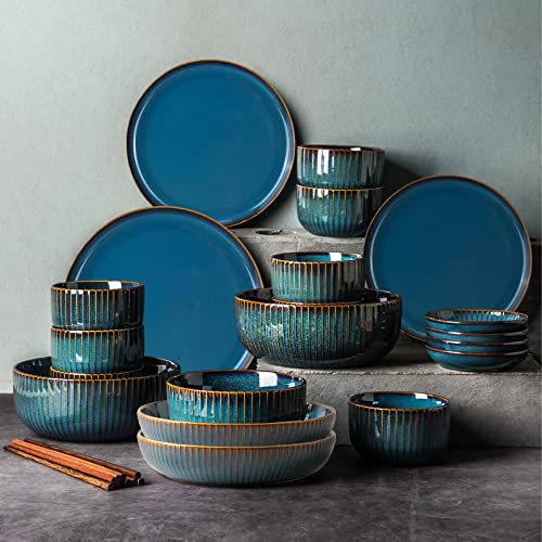 Dinner Set for 8 People, Blue Plates and Bowls Set, Porcelain Tableware Sets, Stylish Kitchen Dinnerware Sets for Family, Party, Christmas(28PCS)