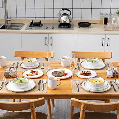 LOVECASA, Series Sweet, Porcelain Dinner Set Set of 32, Gold Dinnerware Set with 8-Piece Dinner Plates, Dessert Plate, Bowls and Mugs, Service for 8, White Gold