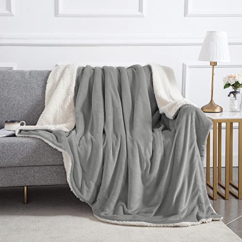 Oxford Homeware Sherpa Fleece Blanket Reversible Throw Blankets Soft Fluffy Thick Blankets Microfiber Plush Blanket for Bed, Couch (Silver, Double (150 x 200 Cm))