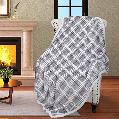 Catalonia Classy Plaid Sherpa Throw Blanket,Plush Flannel Throws for Couch and Bed,Super Soft Reversible TV Blanket,Comfort Caring Gift 150 x 130 cm,Buffalo Grey