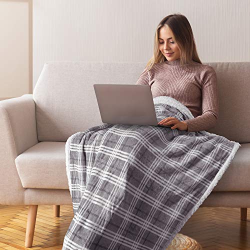 Catalonia Classy Plaid Sherpa Throw Blanket,Plush Flannel Throws for Couch and Bed,Super Soft Reversible TV Blanket,Comfort Caring Gift 150 x 130 cm,Buffalo Grey