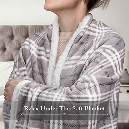 Catalonia Classy Plaid Sherpa Throw Blanket,Plush Flannel Throws for Couch and Bed,Super Soft Reversible TV Blanket,Comfort Caring Gift 150 x 130 cm,Buffalo Grey