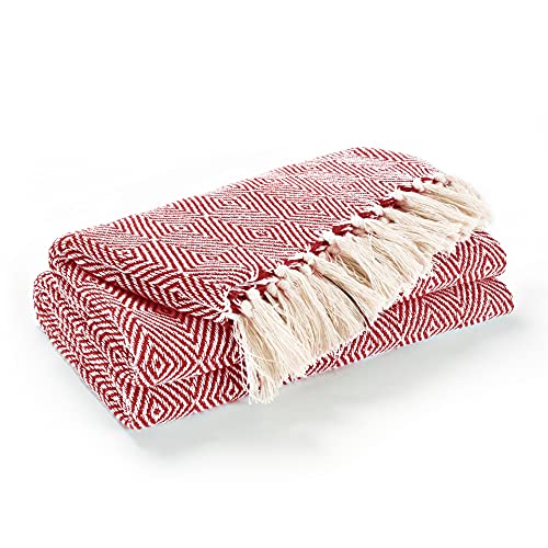 EHC Luxury Reversible Super Soft Cotton Diamond Large Throw For Sofa, Double Bed, Armchair - Red, 150 x 200 cm