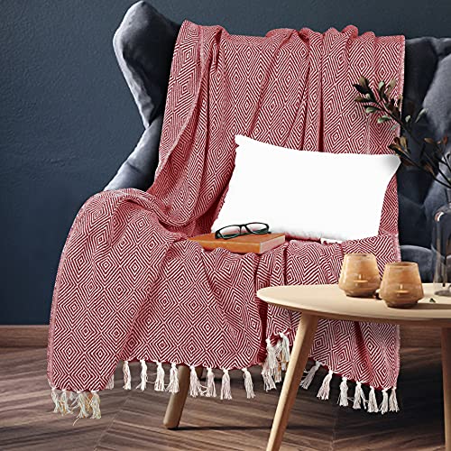 EHC Luxury Reversible Super Soft Cotton Diamond Large Throw For Sofa, Double Bed, Armchair - Red, 150 x 200 cm