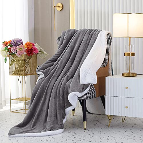 SOCHOW Waffle Sherpa Fleece Throw Blanket, Super Soft Fuzzy Warm, Lightweight Fluffy Reversible Plush Blanket for Bed Sofa Couch, 150cm×200cm Grey