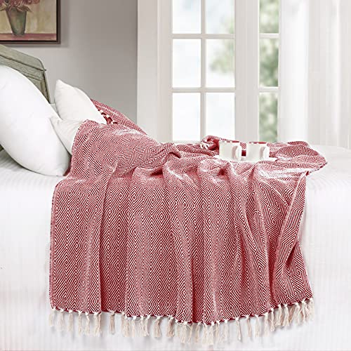 EHC Luxury Reversible Super Soft Cotton Diamond Large Throw For Sofa, Double Bed, Armchair - Red, 150 x 200 cm