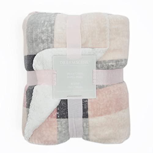 Dreamscene Check Sherpa Fleece Blanket Soft Thermal Warm Cosy Thick Fluffy Throw Over for Sofa Bed, 150 x 180cm - Blush