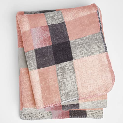 Dreamscene Check Sherpa Fleece Blanket Soft Thermal Warm Cosy Thick Fluffy Throw Over for Sofa Bed, 150 x 180cm - Blush