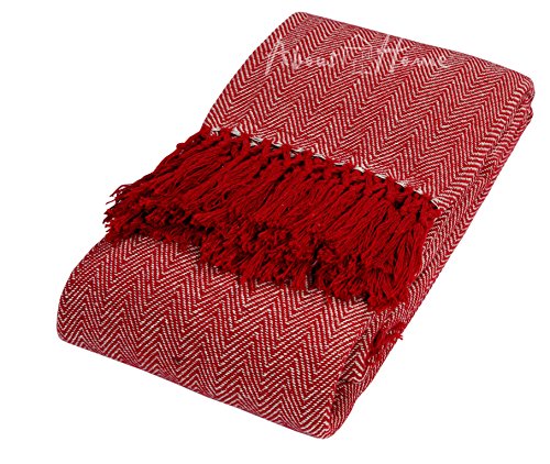 About Home Herringbone Cotton Blanket Throw, Settee Cover (RED/Natural, 50"x60")