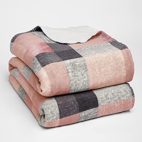 Dreamscene Check Sherpa Fleece Blanket Soft Thermal Warm Cosy Thick Fluffy Throw Over for Sofa Bed, 150 x 180cm - Blush