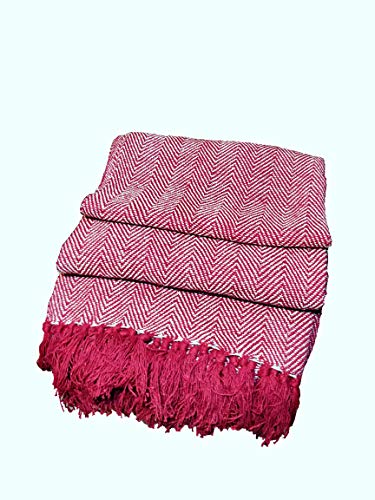 About Home Herringbone Cotton Blanket Throw, Settee Cover (RED/Natural, 50"x60")