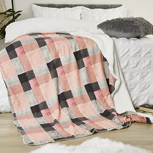 Dreamscene Check Sherpa Fleece Blanket Soft Thermal Warm Cosy Thick Fluffy Throw Over for Sofa Bed, 150 x 180cm - Blush