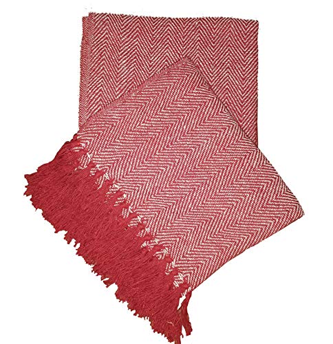 About Home Herringbone Cotton Blanket Throw, Settee Cover (RED/Natural, 50"x60")