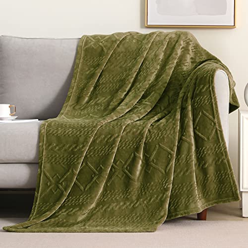 Exclusivo Mezcla Large Flannel Fleece Throw Blanket, 127x152 CM Sofa Throws, Soft Decorative Geometry Pattern Throws for Sofa, Olive Green Blanket
