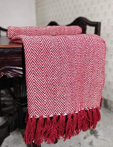 About Home Herringbone Cotton Blanket Throw, Settee Cover (RED/Natural, 50"x60")