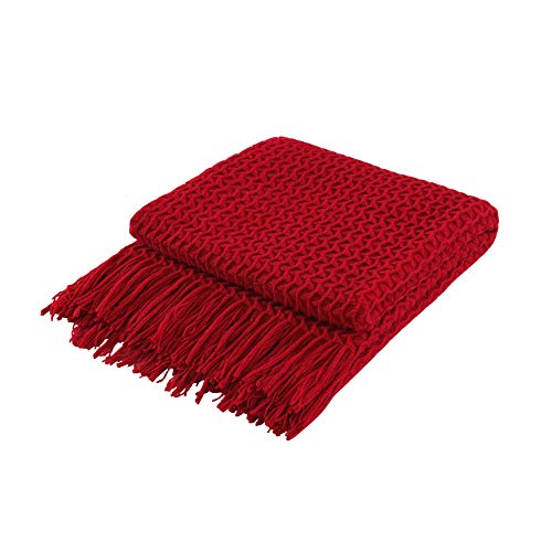 Super Soft Decorative Knit Throw Blanket for Sofa Couch Chair Bed, Lightweight Travel Blanket Nap Throw, Cashmere-like Soft and Cozy, Delicate Weave Pattern with Fring,Red,127x152cm