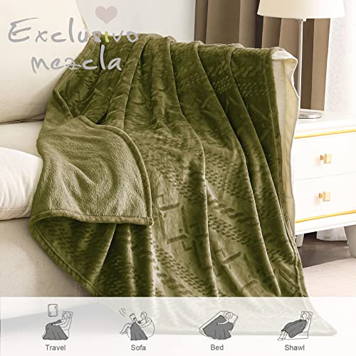 Exclusivo Mezcla Large Flannel Fleece Throw Blanket, 127x152 CM Sofa Throws, Soft Decorative Geometry Pattern Throws for Sofa, Olive Green Blanket