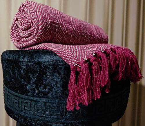 About Home Herringbone Cotton Blanket Throw, Settee Cover (RED/Natural, 50"x60")