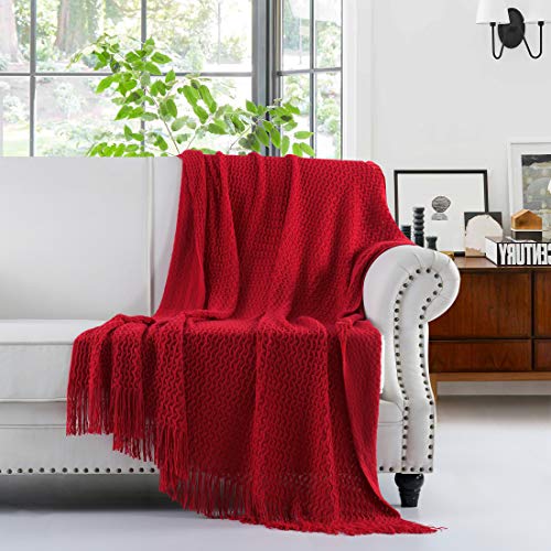 Super Soft Decorative Knit Throw Blanket for Sofa Couch Chair Bed, Lightweight Travel Blanket Nap Throw, Cashmere-like Soft and Cozy, Delicate Weave Pattern with Fring,Red,127x152cm