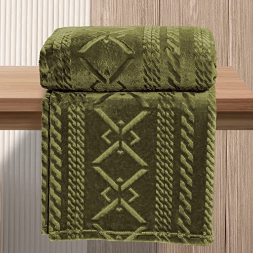 Exclusivo Mezcla Large Flannel Fleece Throw Blanket, 127x152 CM Sofa Throws, Soft Decorative Geometry Pattern Throws for Sofa, Olive Green Blanket