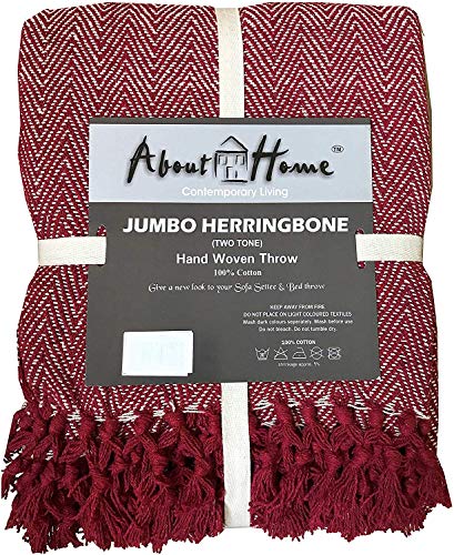 About Home Herringbone Cotton Blanket Throw, Settee Cover (RED/Natural, 50"x60")