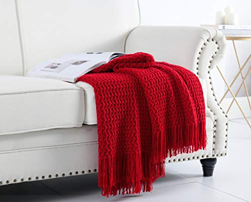 Super Soft Decorative Knit Throw Blanket for Sofa Couch Chair Bed, Lightweight Travel Blanket Nap Throw, Cashmere-like Soft and Cozy, Delicate Weave Pattern with Fring,Red,127x152cm